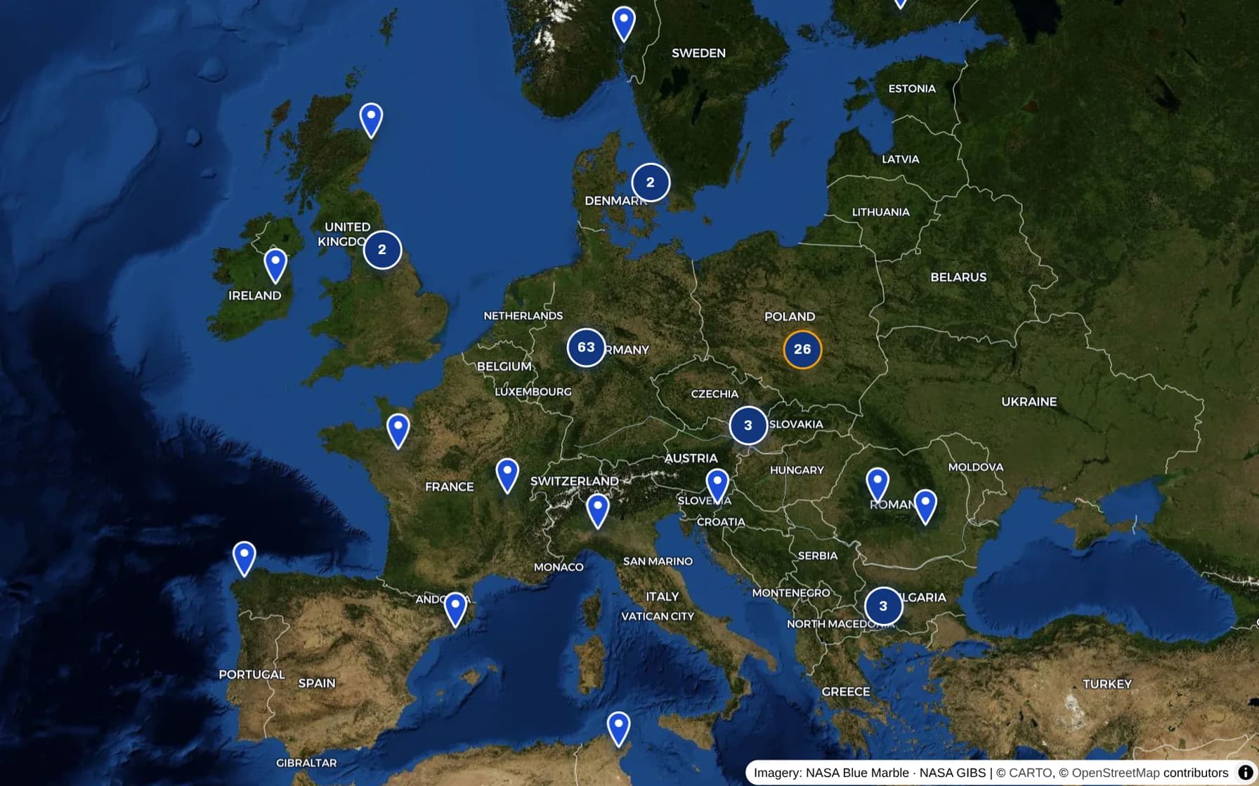 Mapa Europy z lokalizacjami realizacji Elektrik-Star
